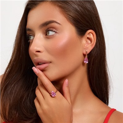 Комплект ювелирная бижутерия коллекция  "Дубай" серьги и кольцо 19 р, покрытие: позолота, вставка: фианит, цвет: розовый, арт.313.086-19