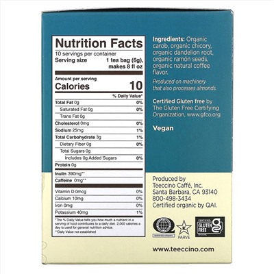 Teeccino, Organic Roasted Herbal Tea, Dandelion Dark Roast, Caffeine Free, 10 Tea Bags, 2.12 oz (60 g)
