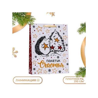 Пакет подарочный новогодний ламинированный вертикальный «Пакетик счастья», 33×42×10 см