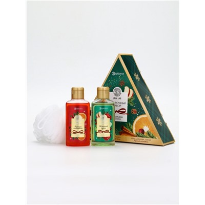 Подарочный набор новогодний: гель для душа 2 шт. х100 мл, мочалка для тела, аромат яблоко и глинтвейн, URAL LAB