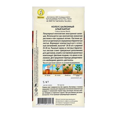 Семена цветов Колеус балконный "Алый бархат", ц/п, 5 шт