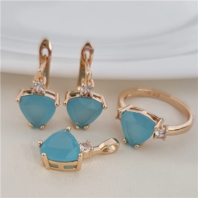 Комплект ювелирной бижутерии коллекция "Дубай" серьги, кулон и кольцо 19 р, покрытие позолота, вставка: фианиты, цвет: тиффани матовый, арт.313.173-19