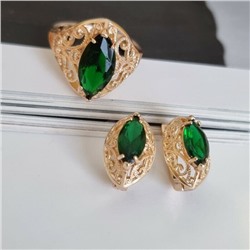 Комплект ювелирной бижутерии коллекция "Дубай" серьги и кольцо, покрытие: позолота, вставка: камень, цвет: зеленый, р-р 19,5, 7602, арт.216.359-19,5