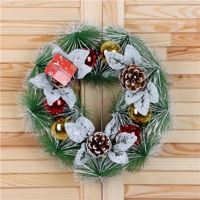 Венок новогодний d=27 см «Зимнее волшебство. Шишки и листики», в снегу