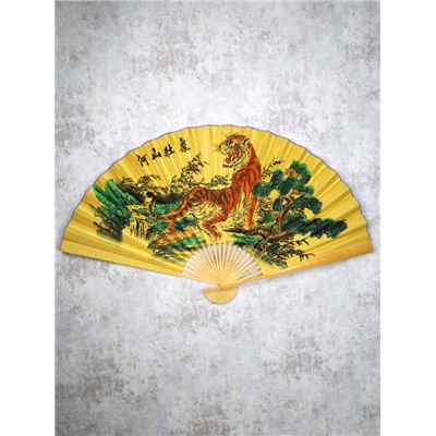 Веер 90 см бамбуковая основа Желтый с Тиграми / 622-13 /уп 52/