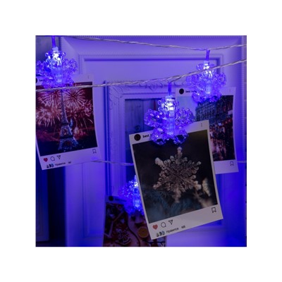 Гирлянда «Нить» 4.5 м с насадками «Прищепки-снежинки», IP20, прозрачная нить, 20 LED, свечение синее, 220 В