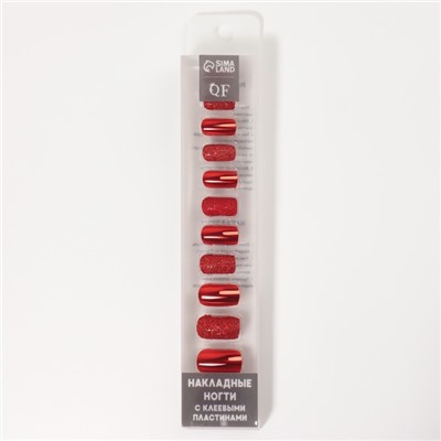 Накладные ногти, 12 шт., с клеевыми пластинами, форма мягкий квадрат, с блёстками, красные