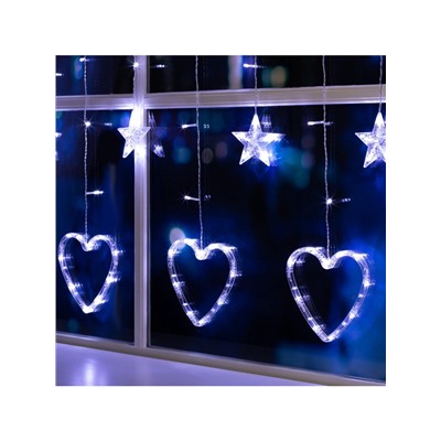 Гирлянда «Бахрома» 2.4×0.9 м с насадками «Сердце», IP20, прозрачная нить, 186 LED, свечение белое, 8 режимов, 220 В
