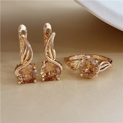 Комплект ювелирной бижутерии коллекция "Дубай" серьги и кольцо 19 р, покрытие позолота, вставка: стекло, цвет: шампань, арт.313.484-19