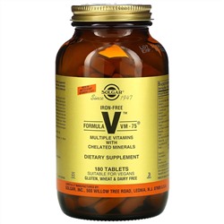 Solgar, Formula VM-75, комплексные витамины с микроэлементами в хелатной форме, без железа, 180 таблеток