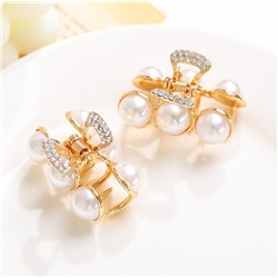 Мини-краб для волос металлический с жемчужными бусинами и стразами, 4 см.