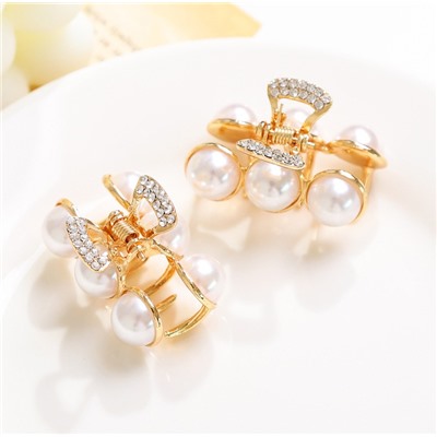 Мини-краб для волос металлический с жемчужными бусинами и стразами, 4 см.