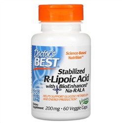 Doctor's Best, стабилизированная R-липоевая кислота с BioEnhanced Na-RALA, 200 мг, 60 вегетарианских капсул