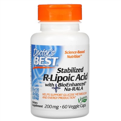 Doctor's Best, стабилизированная R-липоевая кислота с BioEnhanced Na-RALA, 200 мг, 60 вегетарианских капсул