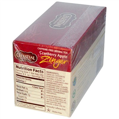 Celestial Seasonings, Травяной чай без кофеина c клюквенно-яблочным вкусом, 20 чайных пакетиков, 1.5 унции (42 г)