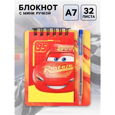 Блокнот А7 и мини ручка, Тачки