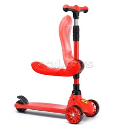 Самокат 3-х. кол., с сиденьем, ограничителем и родительской ручкой, колеса PU, красный, в коробке