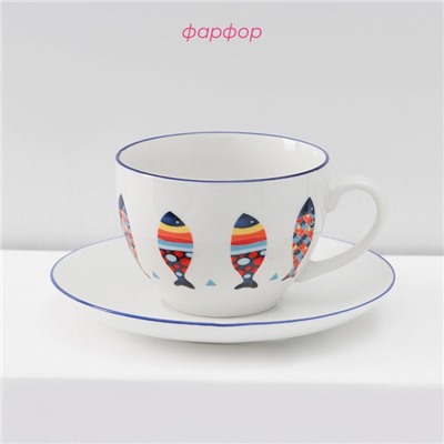 Сервиз чайный Доляна «Емеля», 12 предметов: 6 чашек 280 мл, 6 блюдец d=15 см, фарфор, белый