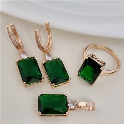 Комплект ювелирной бижутерии коллекция "Дубай" серьги, кулон и кольцо 19 р, покрытие позолота, вставка: фианит, цвет: изумрудный,Уценка,  арт.08.4029-19 (313.182-19 )
