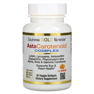 California Gold Nutrition, AstaCarotenoid, комплекс с лютеином, ликопином и астаксантином, 30 растительных мягких таблеток