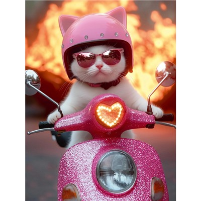 Алмазная мозаика по номерам 30х40 см (НА ПОДРАМНИКЕ) "КОТ НА МОТОЦИКЛЕ" Частичная выкладка 71444 Феникс