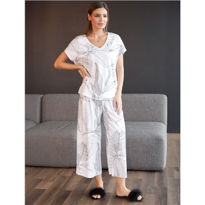 Укороченные широкие брюки кюлоты c принтом на резинке из 100% хлопка