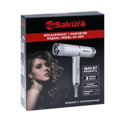 Фен Sakura SA-4051W, 1600 Вт, 3 скорости, 3 температурных режима, концентратор, шнур 1.8 м, белый