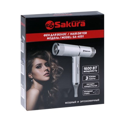 Фен Sakura SA-4051W, 1600 Вт, 3 скорости, 3 температурных режима, концентратор, шнур 1.8 м, белый