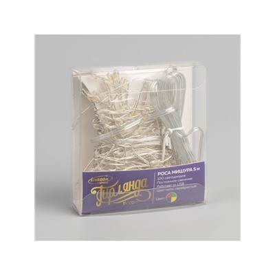 Гирлянда «Мишура» 5 м роса, IP20, серебристая нить, 100 LED, свечение мульти, USB