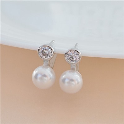 Серьги с жемчугом ювелирная бижутерия, покрытие посеребрение, вставка: фианиты и искусственный жемчуг, арт.213.587