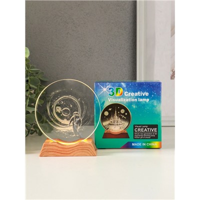 Световая фигурка стекло «Диск. Голограмма: Высадка космонавта на луну», 5×LED, d=10 см, USB, 10×4×11.4 см