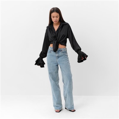 Блузка шелковая с воланами женская MIST, размер 46, чёрная