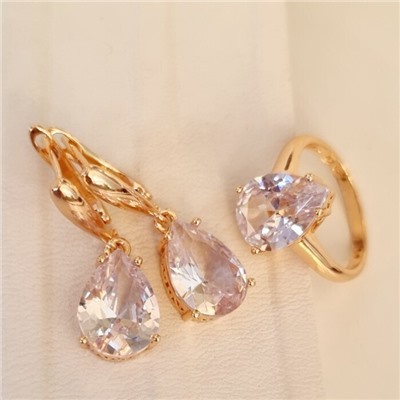 Комплект ювелирная бижутерия коллекция  "Дубай" серьги и кольцо 17 р, покрытие: позолота, вставка: фианит, цвет: прозрачный, арт.313.087-17