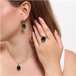 Комплект ювелирная бижутерия серьги, кулон и кольцо 17 р, покрытие: посеребрение, вставка: фианит, цвет: зеленый, арт.313.072-17