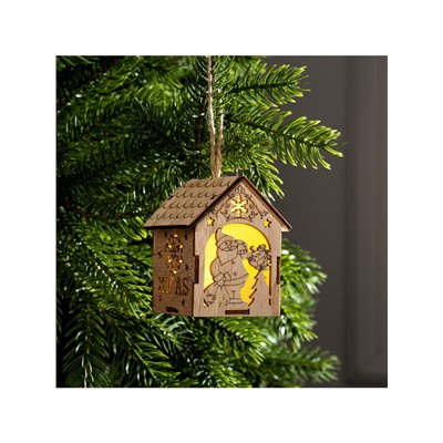 Ёлочная игрушка «Домик с Дедом Морозом с мешком», 8×6.5×6 см, от батареек, свечение тёплое белое