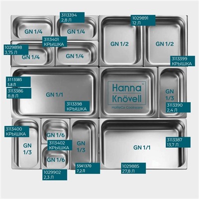 Гастроёмкость GN 1/6 Hanna Knövell, 2.3 л, 150 мм, 17.5×16.5×14.5 см, толщина 0.6 мм, нержавеющая сталь
