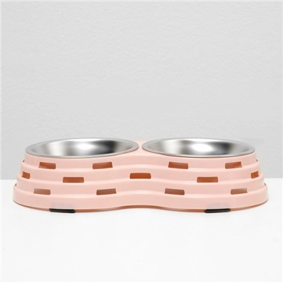 Миска двойная, 2×160 мл, 25×14×5 см, на пластиковом основании, металл, розовая