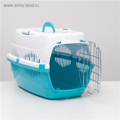 Переноска для животных до 12 кг «Пижон» 49×33×32 см, металлическая дверь, бело-бирюзовая