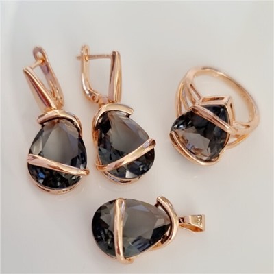 Комплект ювелирная бижутерия коллекция  "Дубай" серьги, кулон и кольцо 19 р, покрытие: позолота, вставка: фианит, цвет: серый, арт.313.063-19