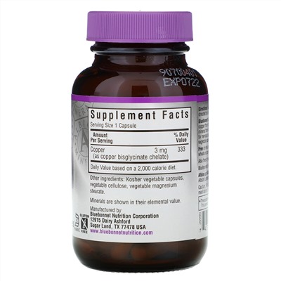 Bluebonnet Nutrition, Медь в хелатной форме, 90 растительных капсул