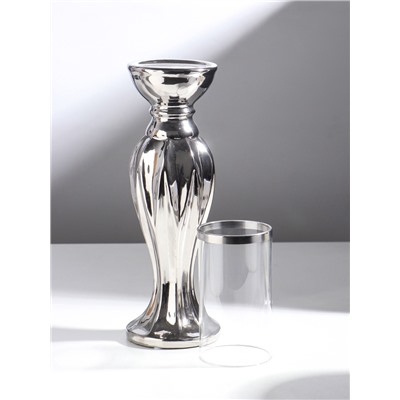 Подсвечник на 1 свечу «Версаль», керамика, стекло, d=7.5 см, серебро, 10.5×10.5×44.5 см