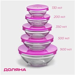 Салатники Доляна «Классика», набор 5 шт.: 130/200/350/500/900 мл, с крышками, стекло, фиолетовые