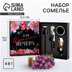 Подарочный винный набор: штопор для вина, аэратор, каплеуловитель, термометр «Для вечера»