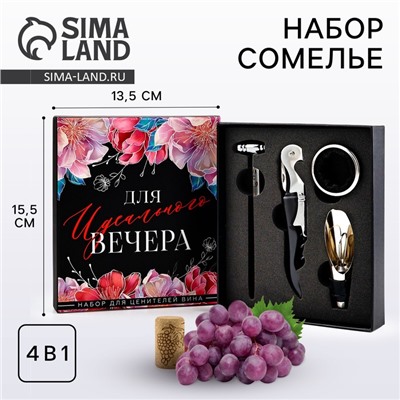 Подарочный винный набор: штопор для вина, аэратор, каплеуловитель, термометр «Для вечера»