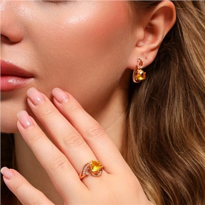 Комплект ювелирная бижутерия коллекция  "Дубай" серьги и кольцо 19 р, покрытие: позолота, вставка: фианиты, цвет: желтый и прозрачный, арт.314.763-19