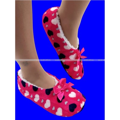 6 ПАР - Носки-тапочки внутри с мехом "Сердечки" женские