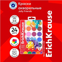 Акварель ErichKrause Jolly Friends, 24 цвета, матовые насыщенные цвета, пластиковая коробка с европодвесом