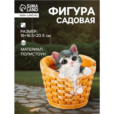 Декоративное кашпо для цветов «Котёнок в круглой корзине», 18×16.5×20.5 см, полистоун