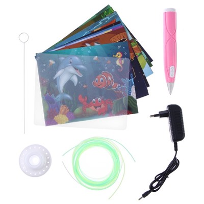 3D ручка с блоком питания, PCL пластик светиться в темноте, розовая, с подставкой