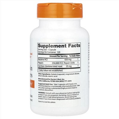 Doctor's Best, горькая настойка из бетаингидрохлорида, пепсина и горечавки, 120 капсул
